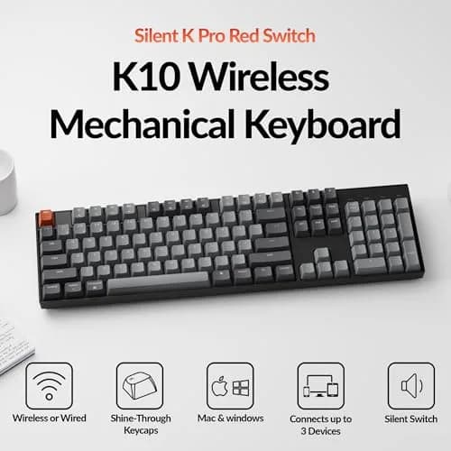Keychron K10 Full Size 104 Keys Wireless Mechanical Keyboard with Keychron Silent K Pro Red Switch, White LED Backlight, Mac/Windows Compatibility thumbnail 2