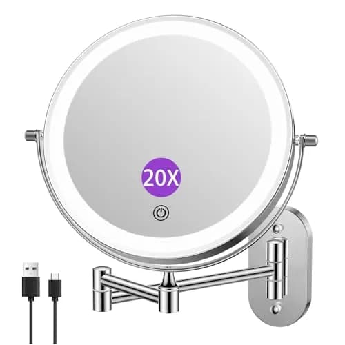 FUNTOUCH Rechargeable Wall Mounted Lighted Makeup Mirror 8 Inch 1X/20X Magnification | 3 Color Lights, Extendable Arm thumbnail 1