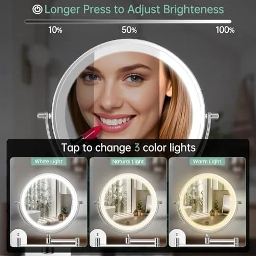 FUNTOUCH Rechargeable Wall Mounted Lighted Makeup Mirror 8 Inch 1X/20X Magnification | 3 Color Lights, Extendable Arm thumbnail 4