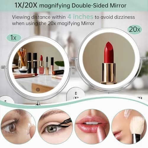 FUNTOUCH Rechargeable Wall Mounted Lighted Makeup Mirror 8 Inch 1X/20X Magnification | 3 Color Lights, Extendable Arm thumbnail 2