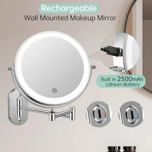 FUNTOUCH Rechargeable Wall Mounted Lighted Makeup Mirror 8 Inch 1X/20X Magnification | 3 Color Lights, Extendable Arm thumbnail 3