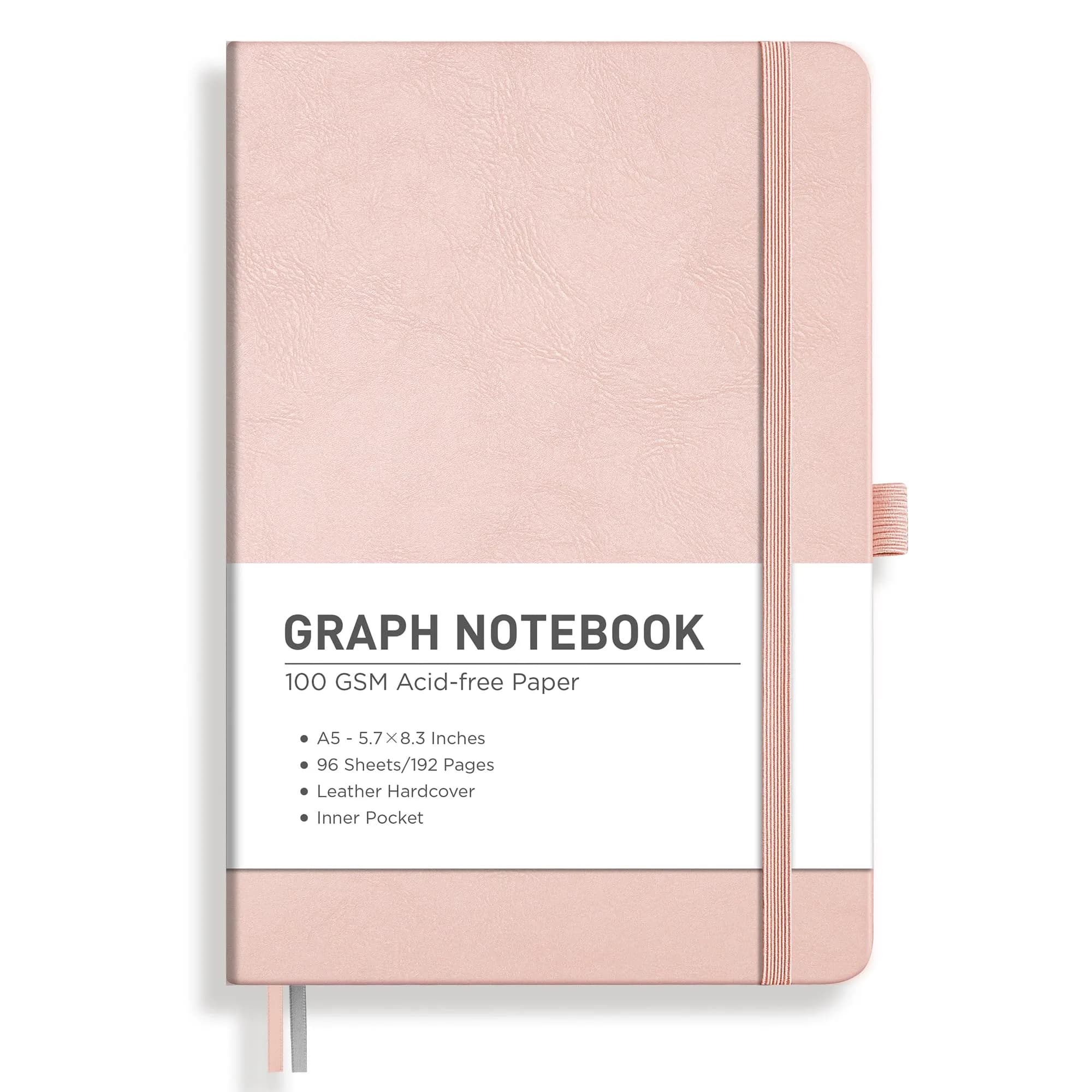 RETTACY Graph Grid Paper Notebook, A5 Size (5.7'' x 8.3'') 192 Pages, 5 Squares/Inch, Rose Gold Leather Hardcover, 100 GSM Thick Paper thumbnail 1