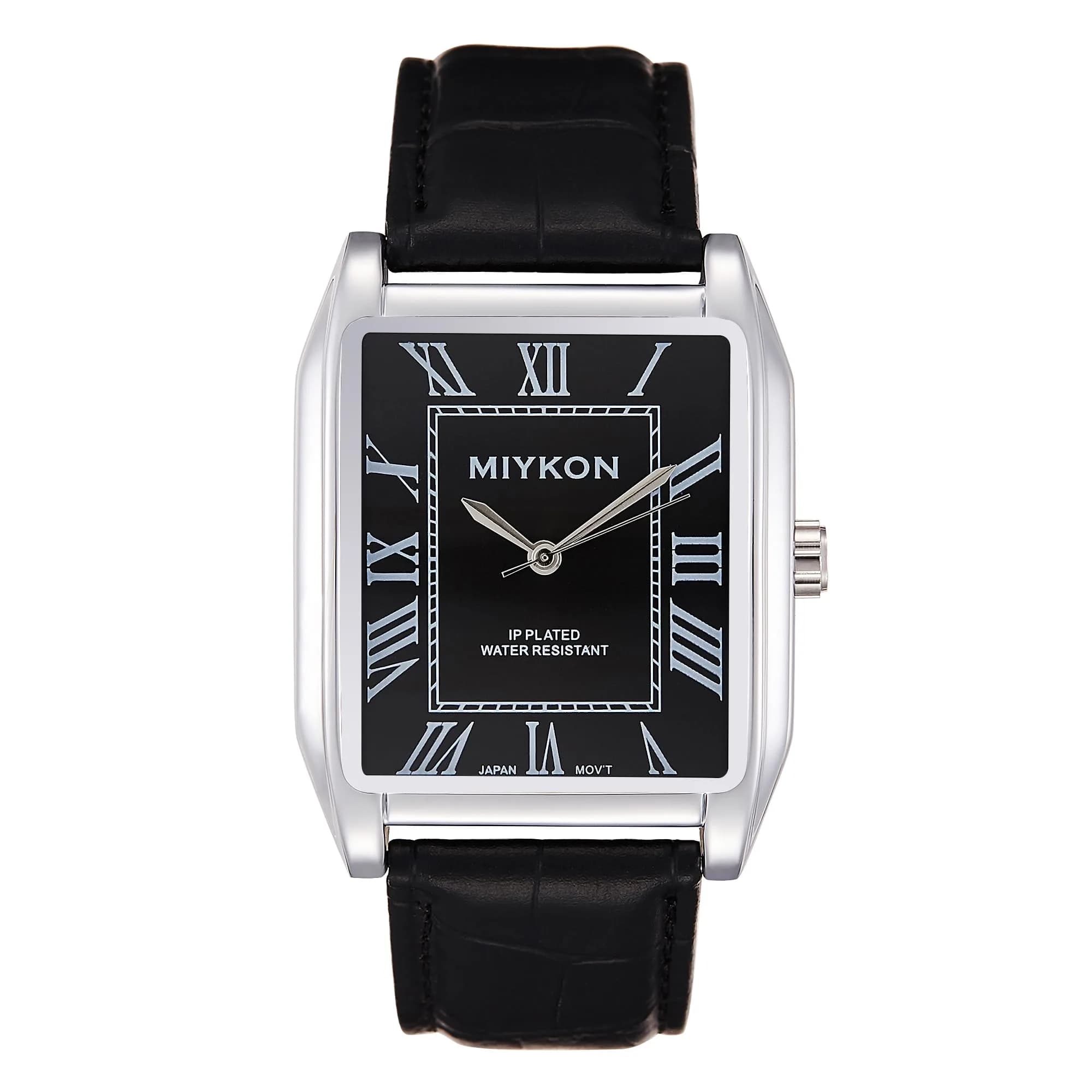Miykon Men Vintage Tank Dress Watch 38mm | Genuine Leather, Water Resistant — Roman, Silver Case, Black Dial