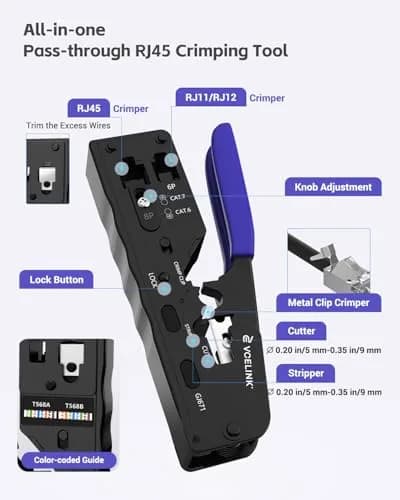 VCELINK RJ45 Crimp Tool Kit with LAN Tester & 50 Connectors | All-in-One Network Solution for Cat6, Cat5e, RJ11 thumbnail 2
