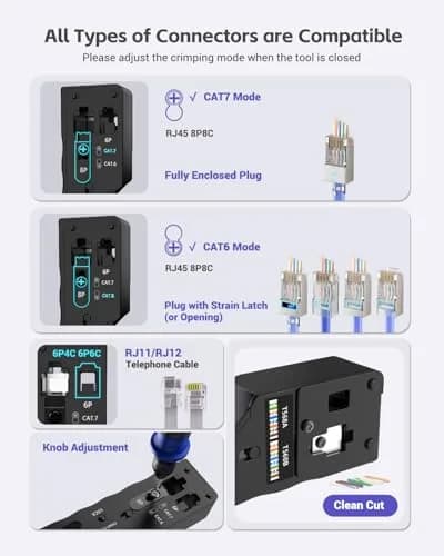 VCELINK RJ45 Crimp Tool Kit with LAN Tester & 50 Connectors | All-in-One Network Solution for Cat6, Cat5e, RJ11 thumbnail 3