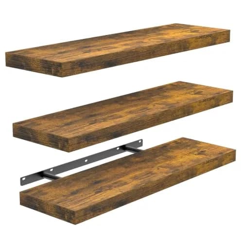 BAYKA Rustic Brown Floating Shelves, 15.7in (39.9cm) Wide, Set of 3 | Sturdy Engineered Wood Wall Mount Shelf for Bathroom, Kitchen, Living Room thumbnail 1