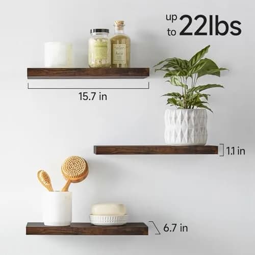 BAYKA Rustic Brown Floating Shelves, 15.7in (39.9cm) Wide, Set of 3 | Sturdy Engineered Wood Wall Mount Shelf for Bathroom, Kitchen, Living Room thumbnail 5