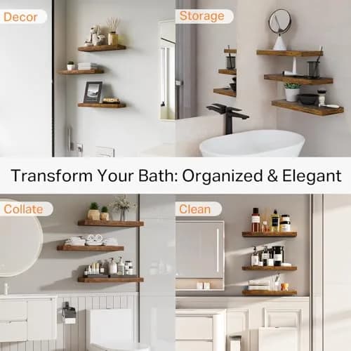 BAYKA Rustic Brown Floating Shelves, 15.7in (39.9cm) Wide, Set of 3 | Sturdy Engineered Wood Wall Mount Shelf for Bathroom, Kitchen, Living Room thumbnail 7