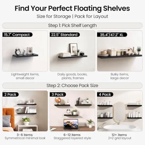 BAYKA Rustic Brown Floating Shelves, 15.7in (39.9cm) Wide, Set of 3 | Sturdy Engineered Wood Wall Mount Shelf for Bathroom, Kitchen, Living Room thumbnail 9