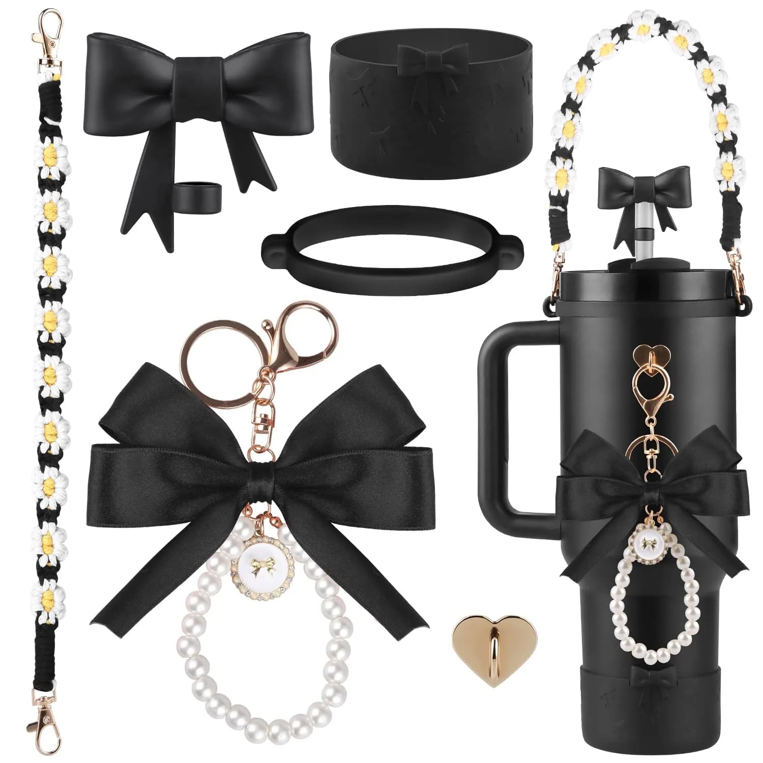 RONGFY Black Bow Accessories Set for Stanley Tumbler | 6-Piece Set with Handle Strap, Boot, Straw Cover - main product image
