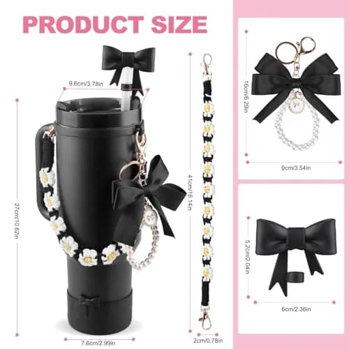 RONGFY Black Bow Accessories Set for Stanley Tumbler | 6-Piece Set with Handle Strap, Boot, Straw Cover thumbnail 5