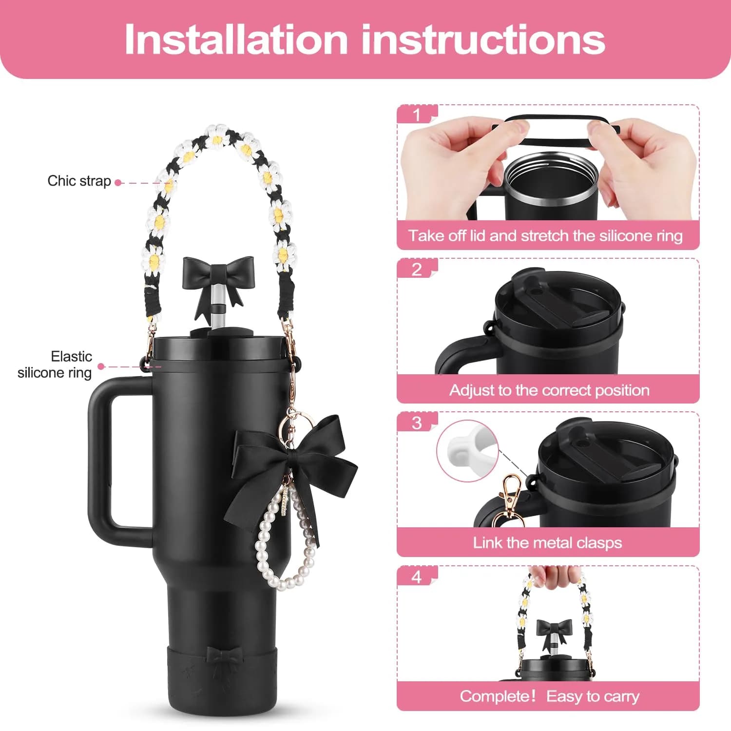 RONGFY Black Bow Accessories Set for Stanley Tumbler | 6-Piece Set with Handle Strap, Boot, Straw Cover - view 6