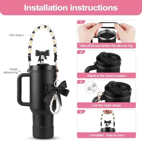 RONGFY Black Bow Accessories Set for Stanley Tumbler | 6-Piece Set with Handle Strap, Boot, Straw Cover thumbnail 6