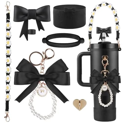 RONGFY Black Bow Accessories Set for Stanley Tumbler | 6-Piece Set with Handle Strap, Boot, Straw Cover thumbnail 1