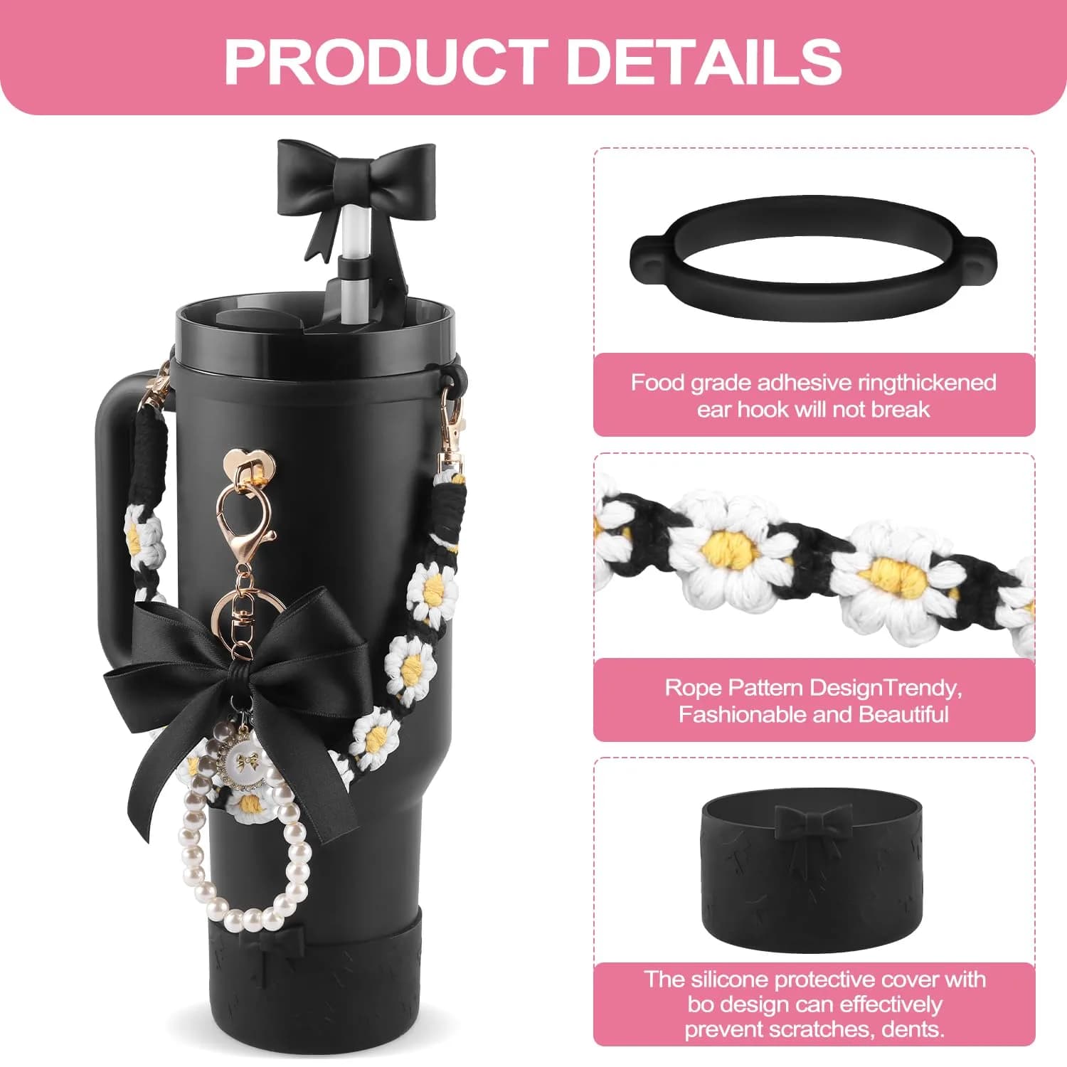 RONGFY Black Bow Accessories Set for Stanley Tumbler | 6-Piece Set with Handle Strap, Boot, Straw Cover - view 2