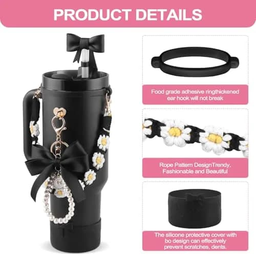 RONGFY Black Bow Accessories Set for Stanley Tumbler | 6-Piece Set with Handle Strap, Boot, Straw Cover thumbnail 2