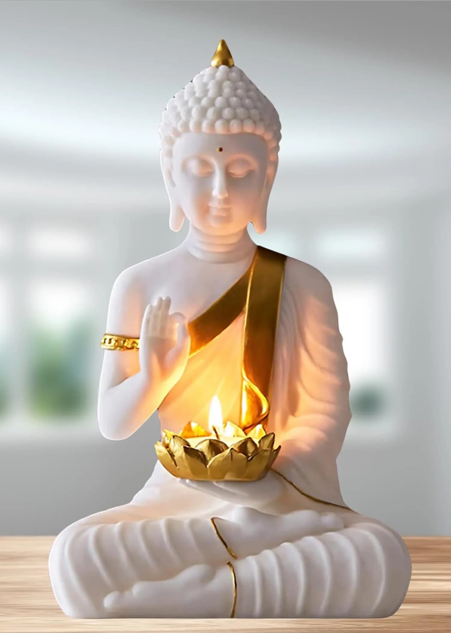 SN Handicrafts Decorative Buddha Statue with T-Light Lotus candel, White and Gold | Serene Meditation Figurine for Home Decor — White