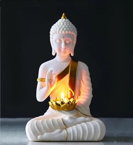 SN Handicrafts Decorative Buddha Statue with T-Light Lotus candel, White and Gold | Serene Meditation Figurine for Home Decor thumbnail 5