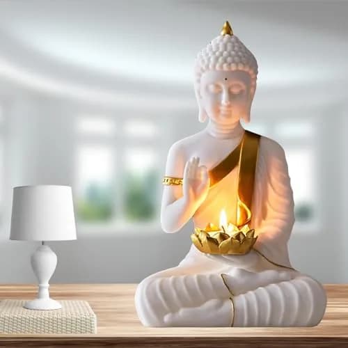 SN Handicrafts Decorative Buddha Statue with T-Light Lotus candel, White and Gold | Serene Meditation Figurine for Home Decor thumbnail 2