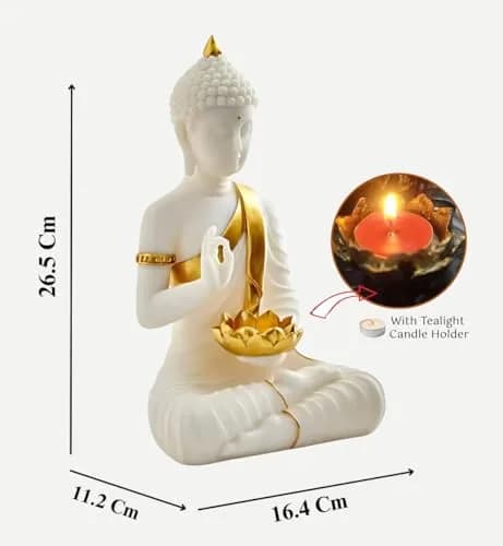 SN Handicrafts Decorative Buddha Statue with T-Light Lotus candel, White and Gold | Serene Meditation Figurine for Home Decor thumbnail 3