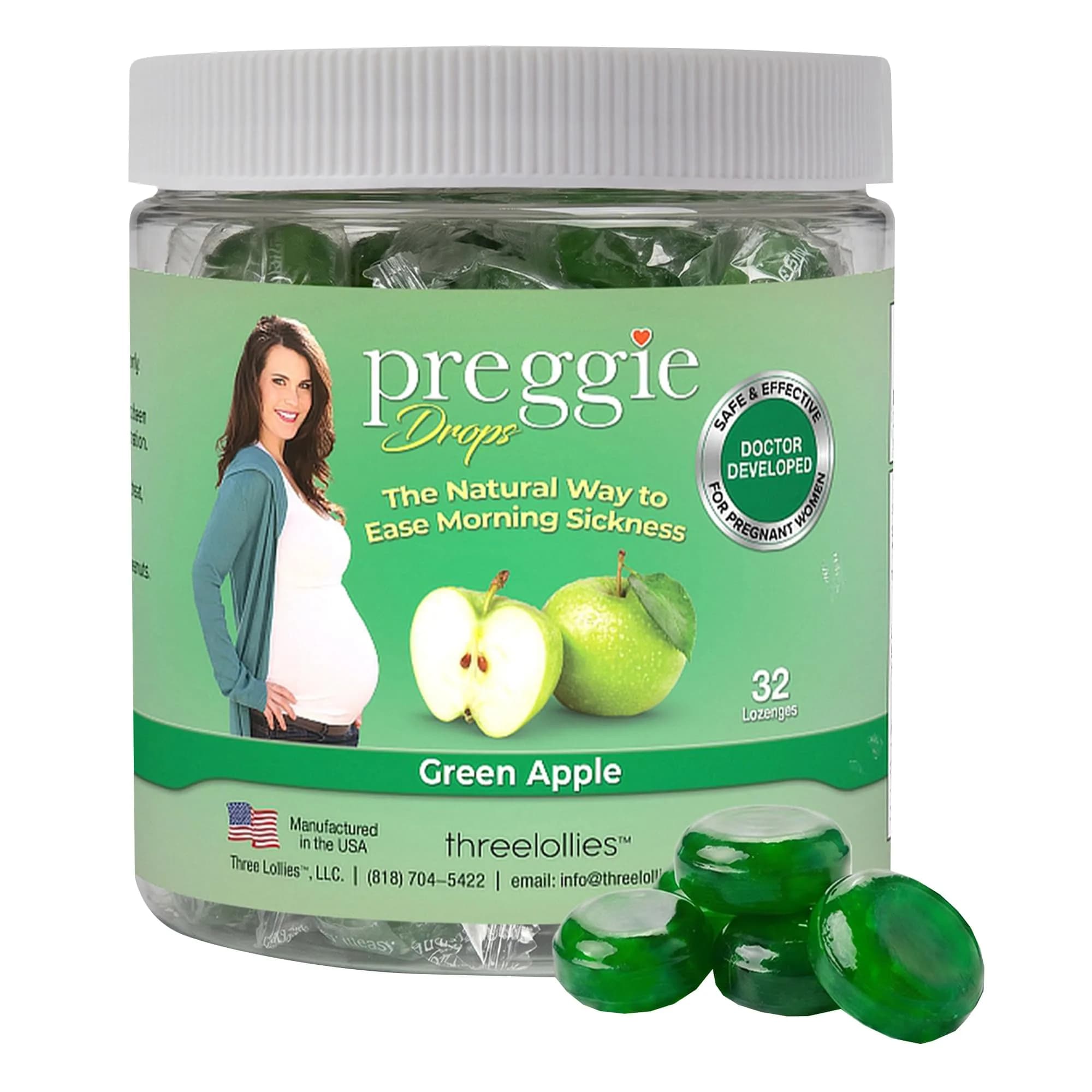 Three Lollies Preggie Pop Drops Pregnancy Candy, Green Apple, 32 Count | Pregnancy Nausea Relief with Vitamin B6