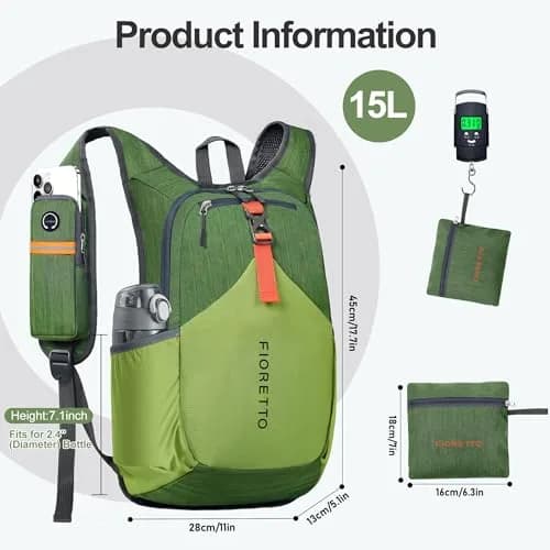 FIORETTO 15L Hiking Backpack 45cm (17.7") | Lightweight Foldable Daypack for Travel Camping Outdoor thumbnail 5