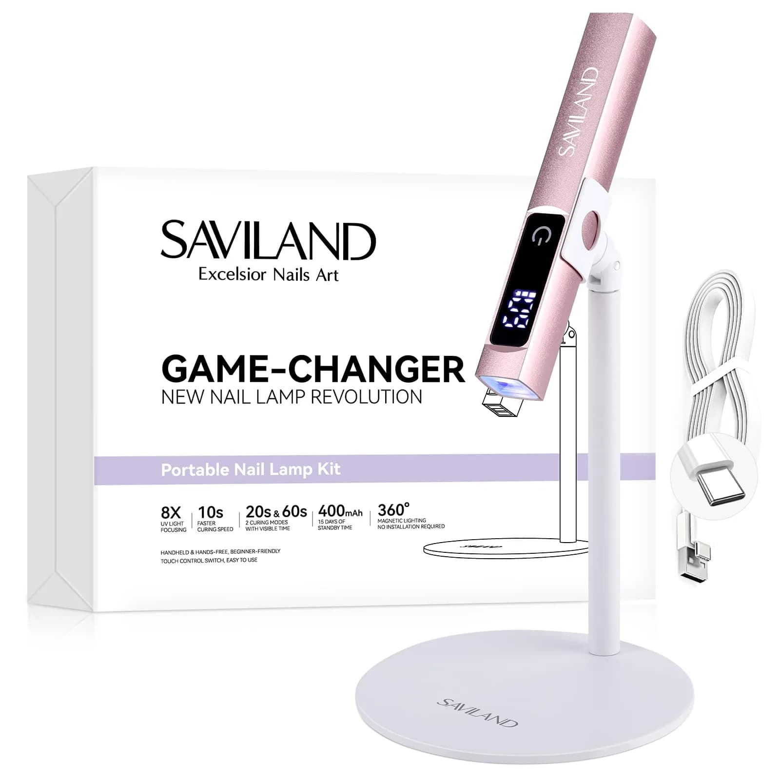 SAVILAND Handheld UV Nail Lamp 12W Purple | 10S Flash Cure for Gel Polish — Pink