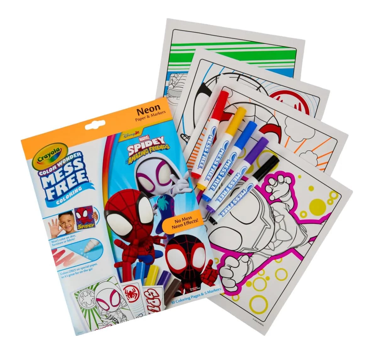 Crayola Color Wonder Spidey and His Amazing Friends Neon Coloring Kit, 15 Pieces | Mess-Free Art Supplies for Toddlers — Assorted