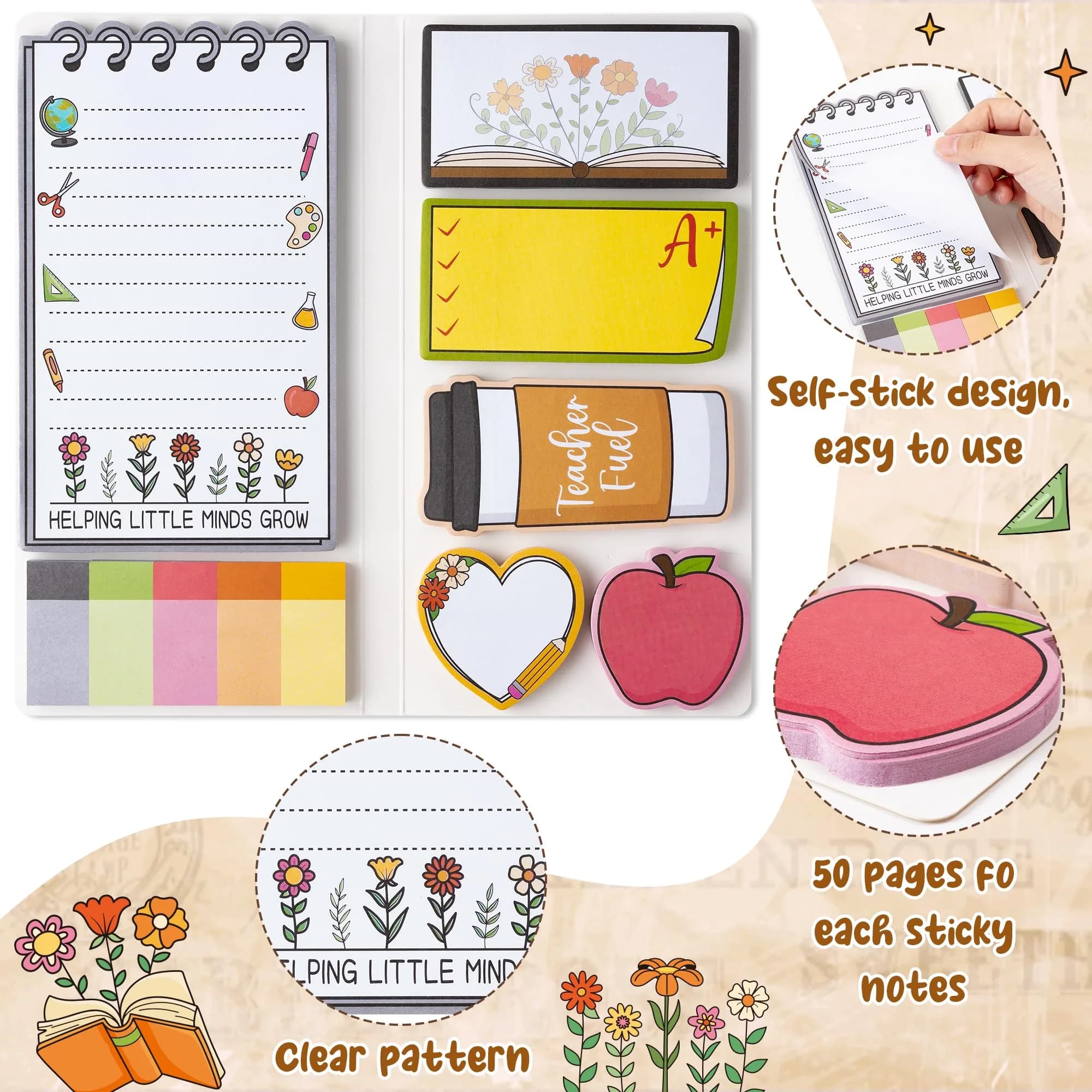 Xqumoi Retro Wildflowers Teacher Sticky Notes Set | 550 Sheets - view 5