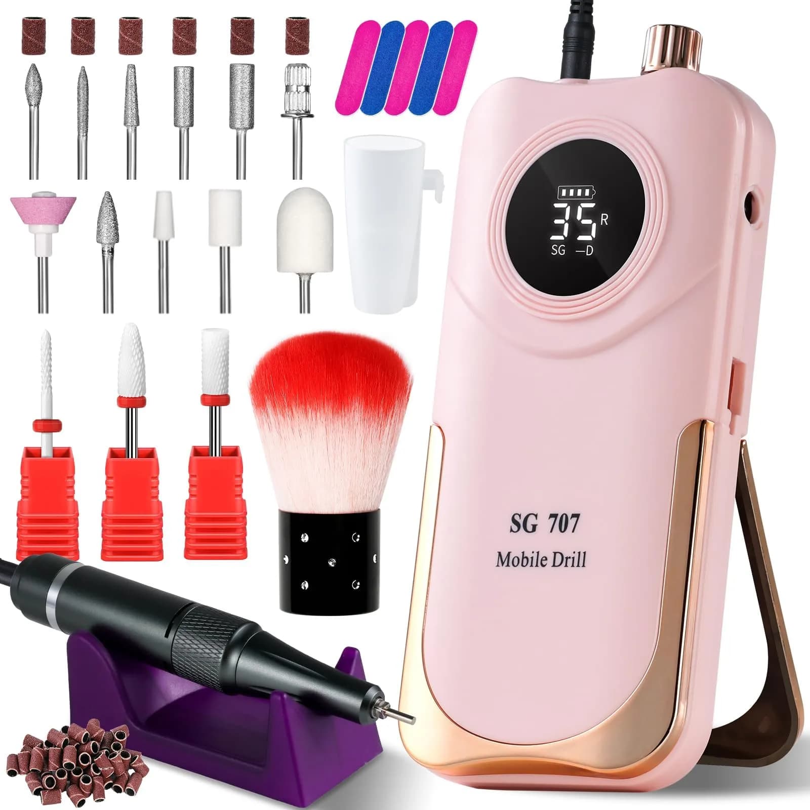 MOSKANY Pink Professional Nail Drill Kit 35000RPM with 14PCS Bits | Rechargeable Cordless Efile Machine for Acrylic Gel - main product image