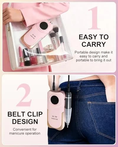 MOSKANY Professional Nail Drill Kit 35000RPM Pink | 12V (48W) Rechargeable Cordless Electric Nail File with LCD Display & 14 Bits thumbnail 4