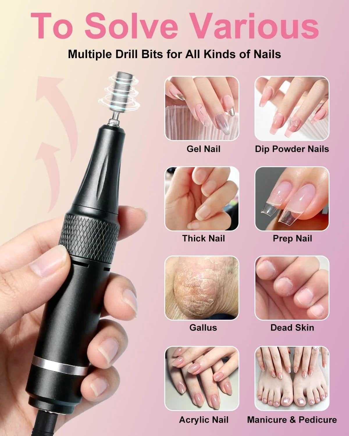 MOSKANY Professional Nail Drill Kit 35000RPM Pink | 12V (48W) Rechargeable Cordless Electric Nail File with LCD Display & 14 Bits - view 5