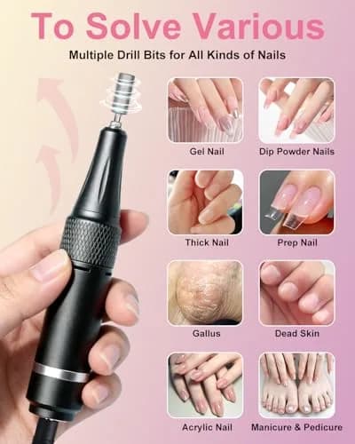MOSKANY Professional Nail Drill Kit 35000RPM Pink | 12V (48W) Rechargeable Cordless Electric Nail File with LCD Display & 14 Bits thumbnail 5