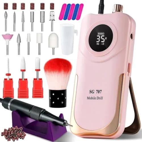MOSKANY Professional Nail Drill Kit 35000RPM Pink | 12V (48W) Rechargeable Cordless Electric Nail File with LCD Display & 14 Bits thumbnail 1