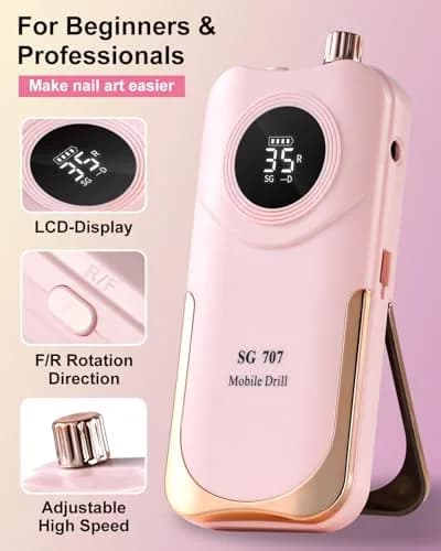 MOSKANY Professional Nail Drill Kit 35000RPM Pink | 12V (48W) Rechargeable Cordless Electric Nail File with LCD Display & 14 Bits thumbnail 7
