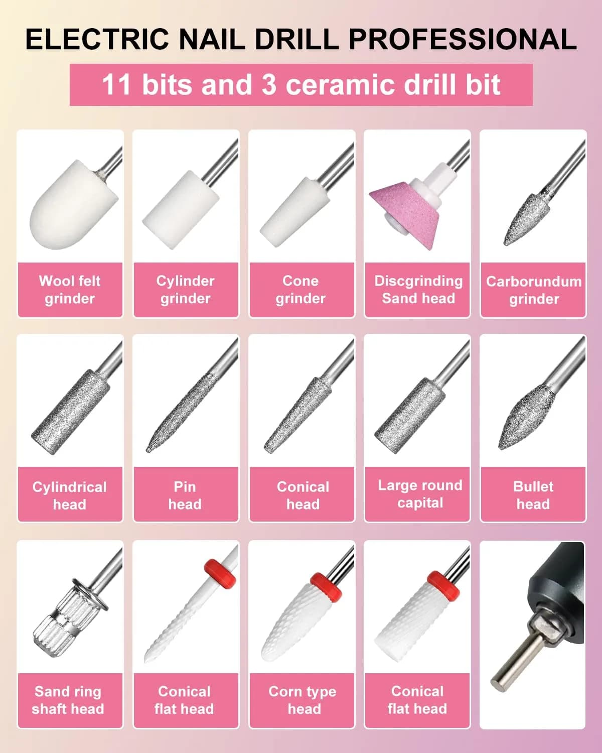 MOSKANY Professional Nail Drill Kit 35000RPM Pink | 12V (48W) Rechargeable Cordless Electric Nail File with LCD Display & 14 Bits - view 8