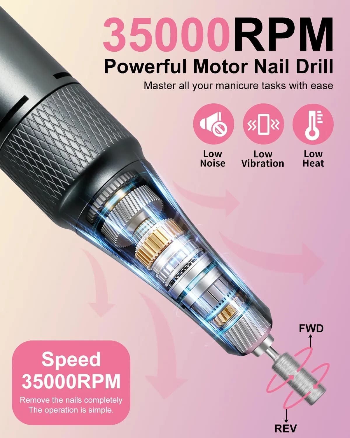 MOSKANY Pink Professional Nail Drill Kit 35000RPM with 14PCS Bits | Rechargeable Cordless Efile Machine for Acrylic Gel - view 2