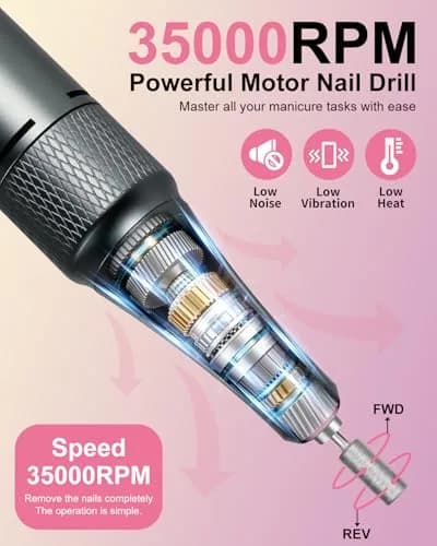 MOSKANY Professional Nail Drill Kit 35000RPM Pink | 12V (48W) Rechargeable Cordless Electric Nail File with LCD Display & 14 Bits thumbnail 2