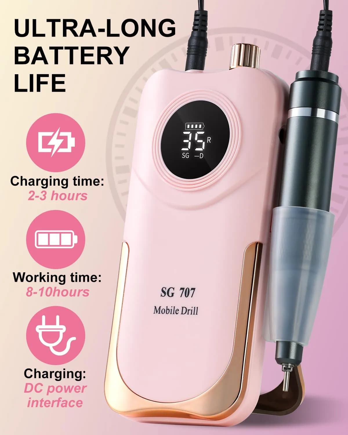 MOSKANY Pink Professional Nail Drill Kit 35000RPM with 14PCS Bits | Rechargeable Cordless Efile Machine for Acrylic Gel - view 3
