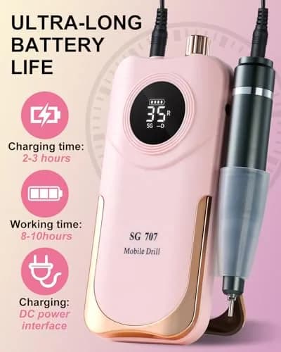 MOSKANY Professional Nail Drill Kit 35000RPM Pink | 12V (48W) Rechargeable Cordless Electric Nail File with LCD Display & 14 Bits thumbnail 3