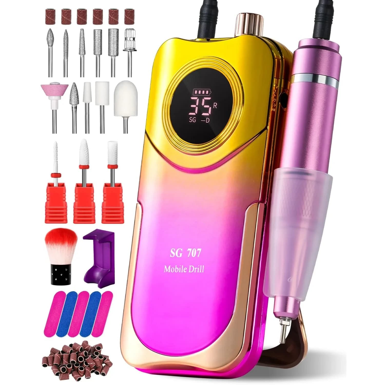 MOSKANY Professional Nail Drill Kit 35000RPM Cordless Rechargeable with LCD Display & 14 Bits | Gradient Purple Green — Gradient Purple Gold