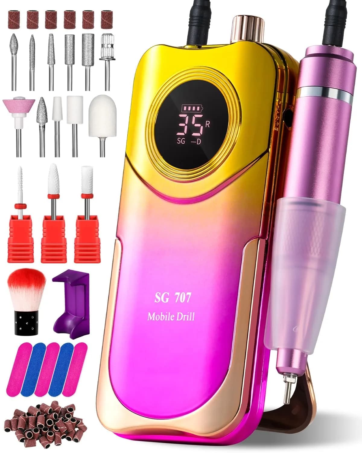 MOSKANY White Professional Nail Drill Kit 35000RPM with 14PCS Bits | Rechargeable Cordless Efile Machine for Acrylic Gel — Gradient Purple Gold