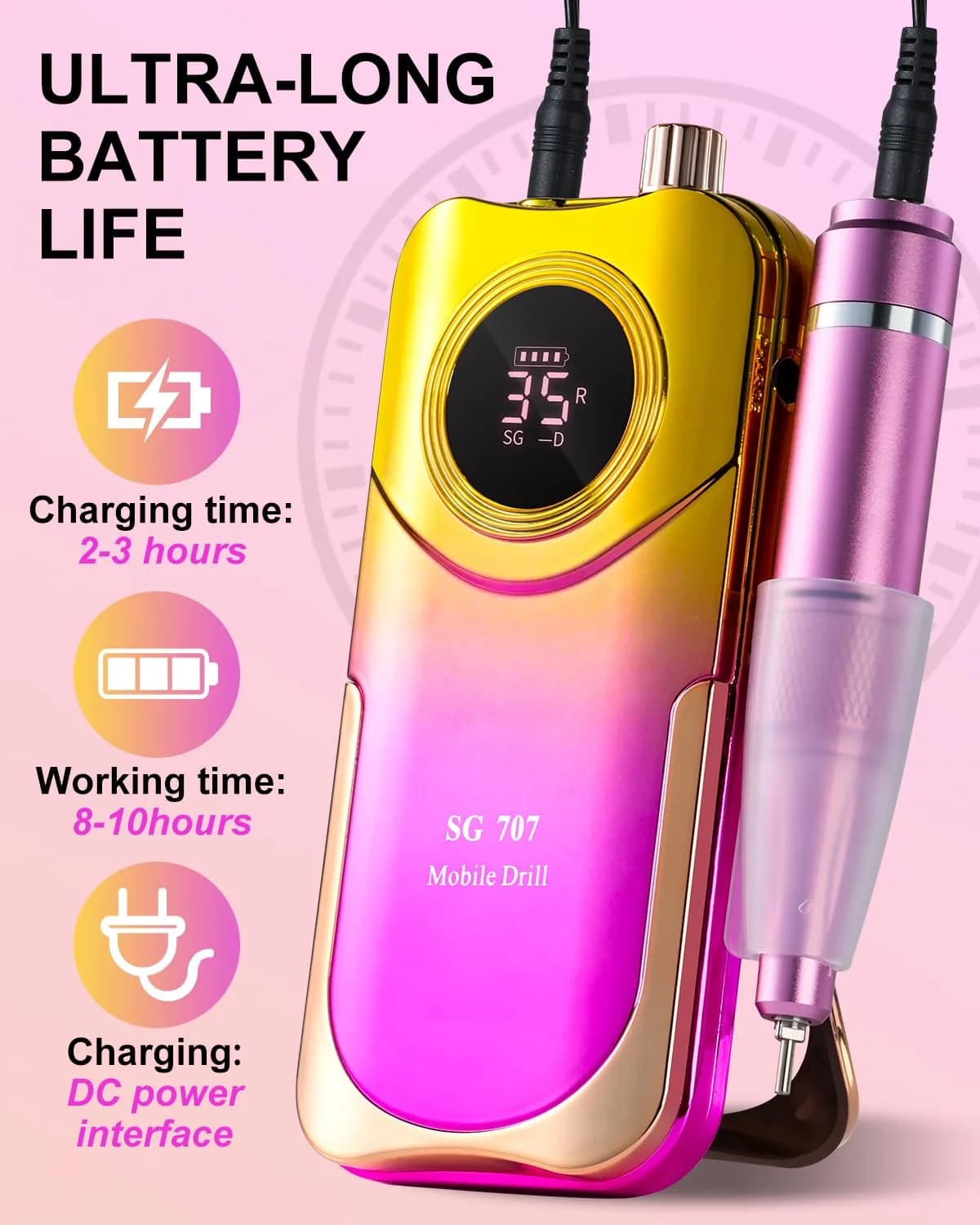 MOSKANY Gradient Purple Gold Professional Nail Drill Kit 35000RPM with 14PCS Bits | Rechargeable Cordless Efile Machine for Acrylic Gel - view 3