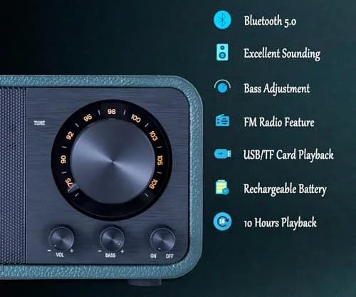 BentMax Vintage Radio FM Bluetooth Speaker Leather Green | Retro Design with 10H Playback thumbnail 3
