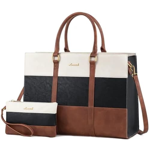LOVEVOOK Laptop Bag for Women 17.3 Inch Vintage Leather Tote Bag | Water-Resistant Work Bag with Clutch thumbnail 1