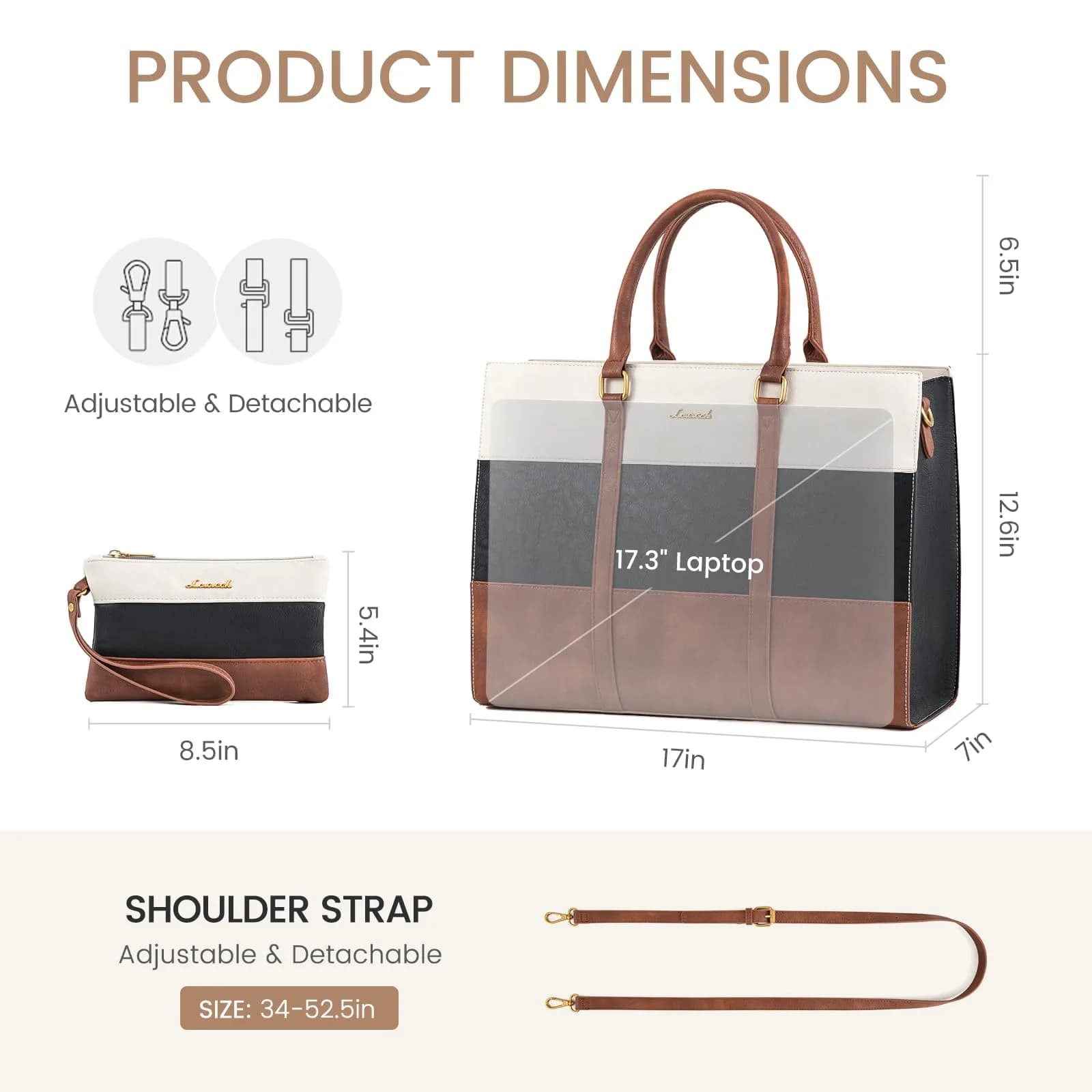 LOVEVOOK Laptop Bag for Women 17.3 Inch Vintage Leather Tote Bag | Water-Resistant Work Bag with Clutch - view 5