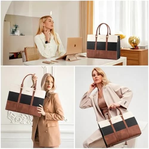 LOVEVOOK Laptop Bag for Women 17.3 Inch Vintage Leather Tote Bag | Water-Resistant Work Bag with Clutch thumbnail 2