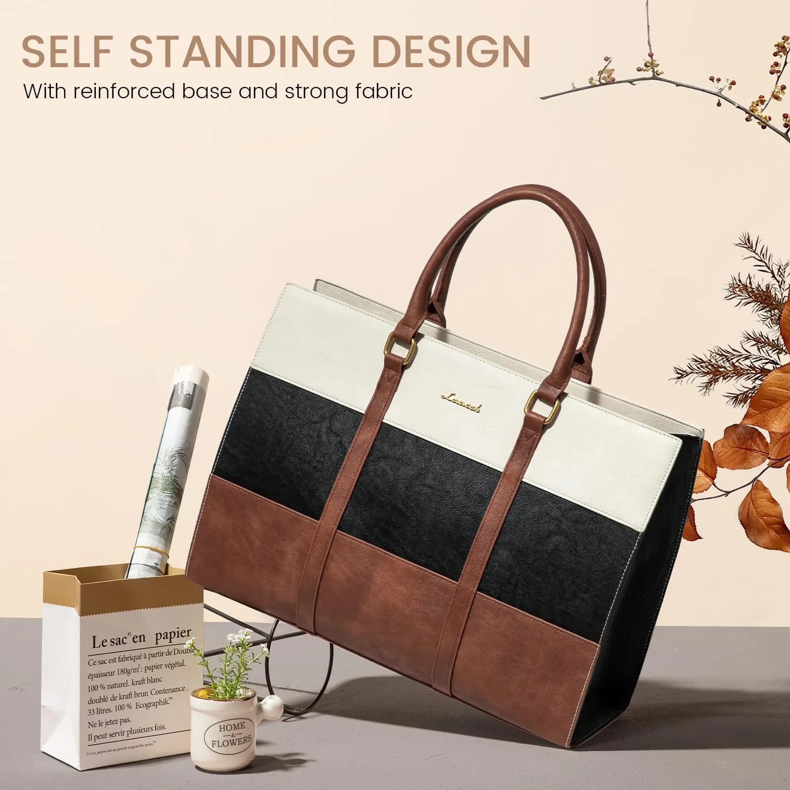 LOVEVOOK Laptop Bag for Women 17.3 Inch Vintage Leather Tote Bag | Water-Resistant Work Bag with Clutch - view 3