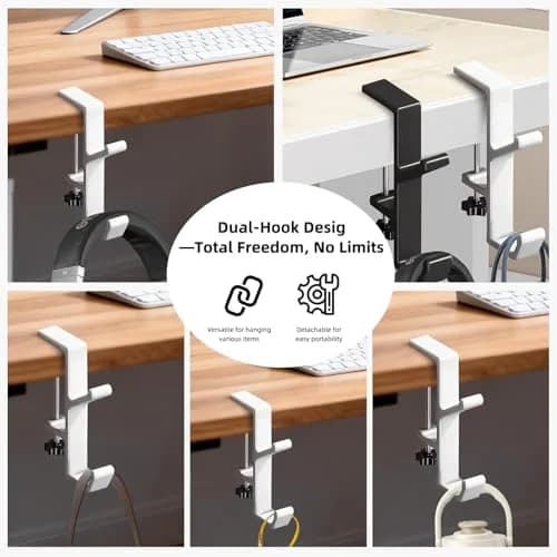 CaLeQi White 2 Pcs Double Hook Clamp Mount for Desks & Tables | Holds up to 13.6 kg (30 lb) thumbnail 5