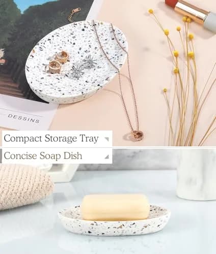 Luxspire Oval Soap Dish, Non-Slip Resin Holder with Drainage, Terrazzo | Stylish Bathroom Accessory thumbnail 3